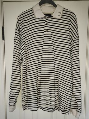 Greg Norman Collection Black & White Striped Long-Sleeve Polo Shirt